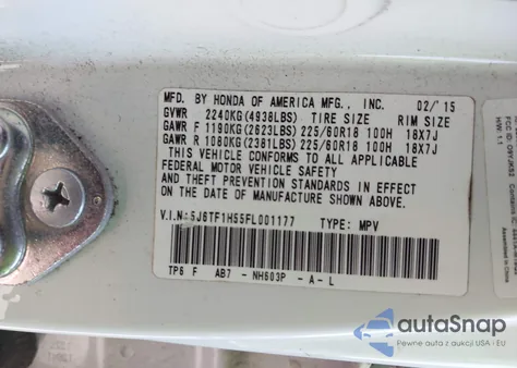 2015 Honda Crosstour Ex-L V6 из США, поврежденный, VIN 5J6TF1H55FL001177